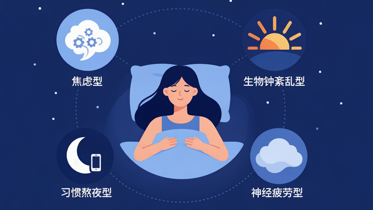 插图：四种失眠分型对照——焦虑型、生物钟紊乱型、神经疲劳型、习惯熬夜型