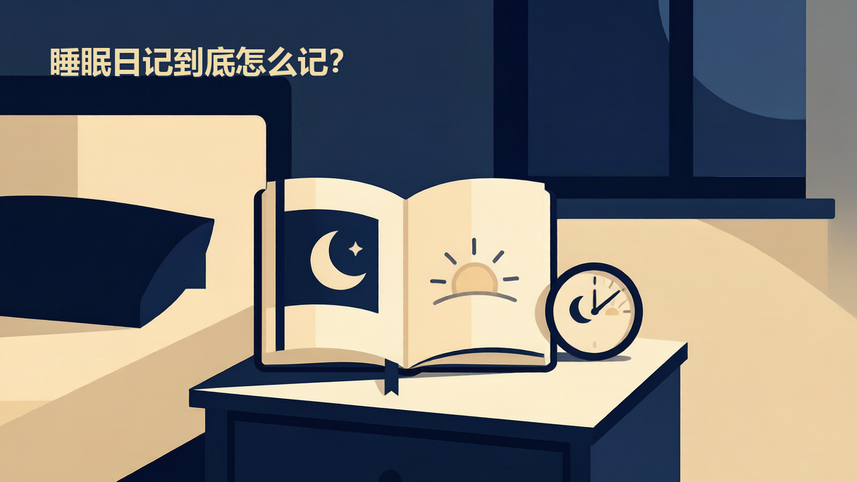 封面：一本翻开的睡眠日记，旁边画着入睡时间、醒来的钟表、早晨的太阳