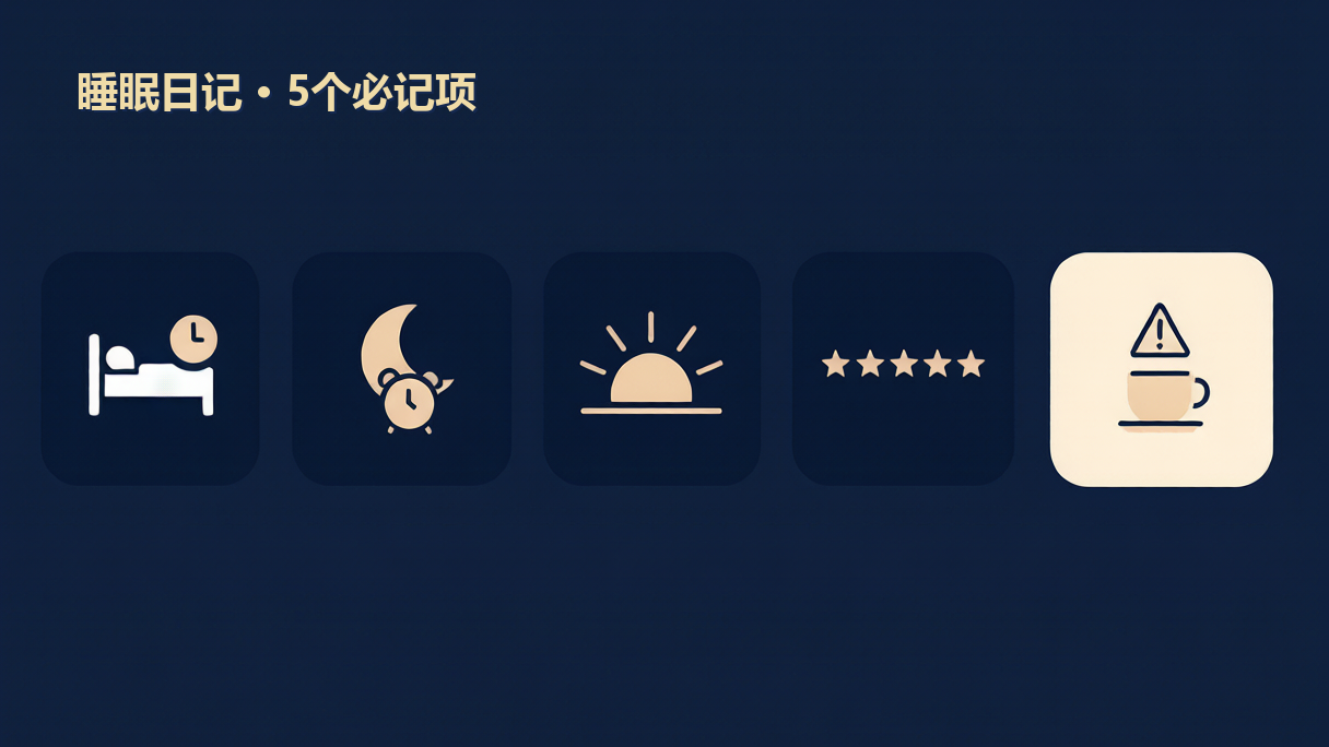 插图1：睡眠日记5个必记项——入睡耗时、夜醒、起床时间、质量评分、当日影响因素